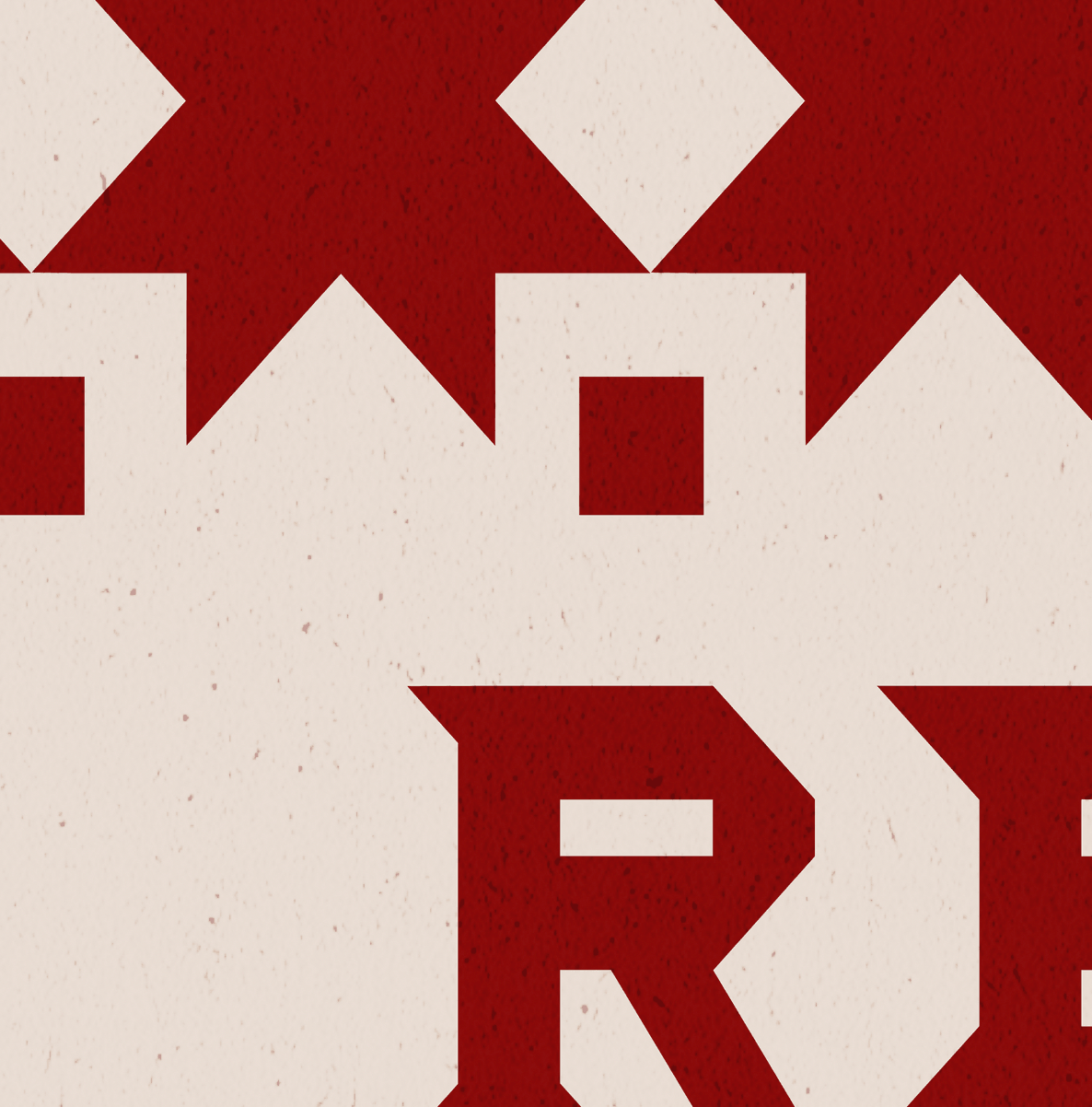 Red and beige geometric pattern with text on a textured background