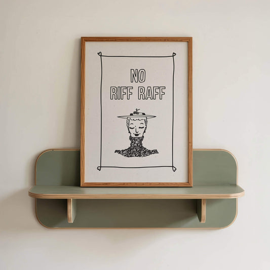 a framed poster with a simple illustration of a person's face and the text "NO RIFF RAFF" displayed on it.