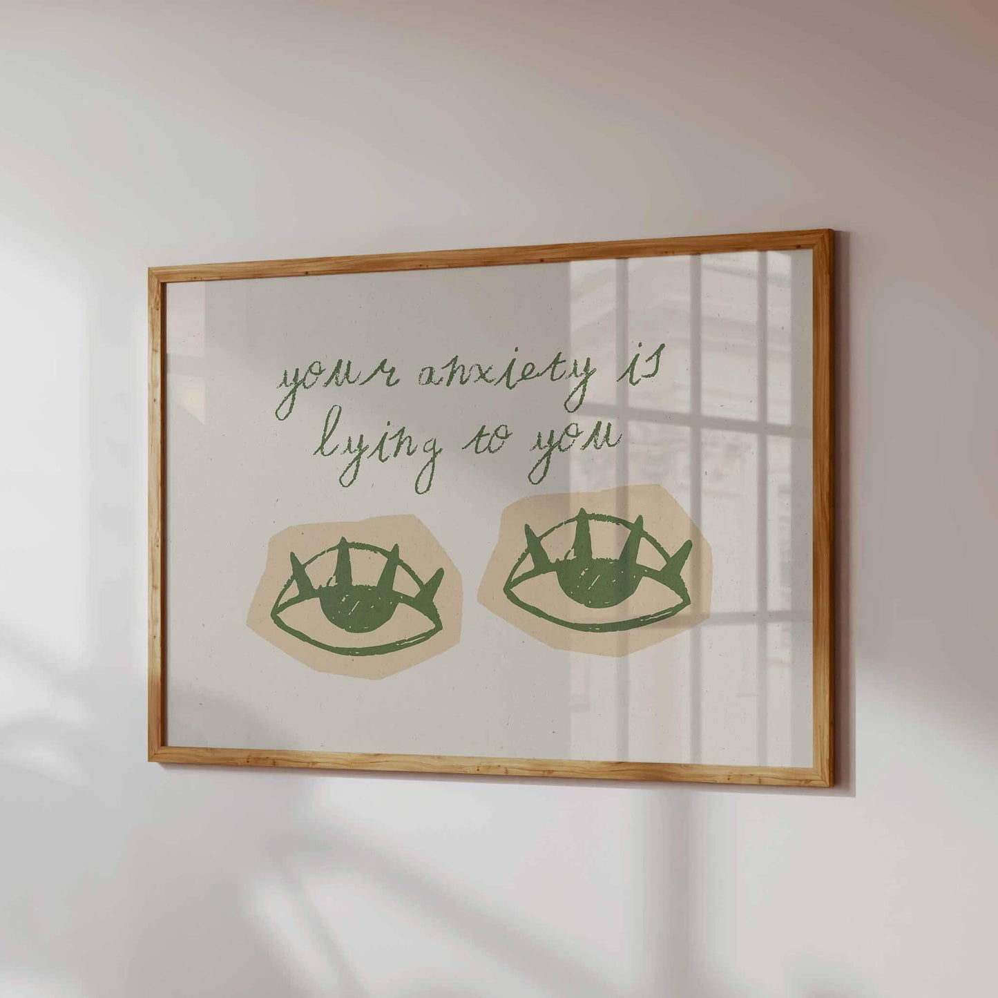 The image is a framed artwork with a message about anxiety and lying.