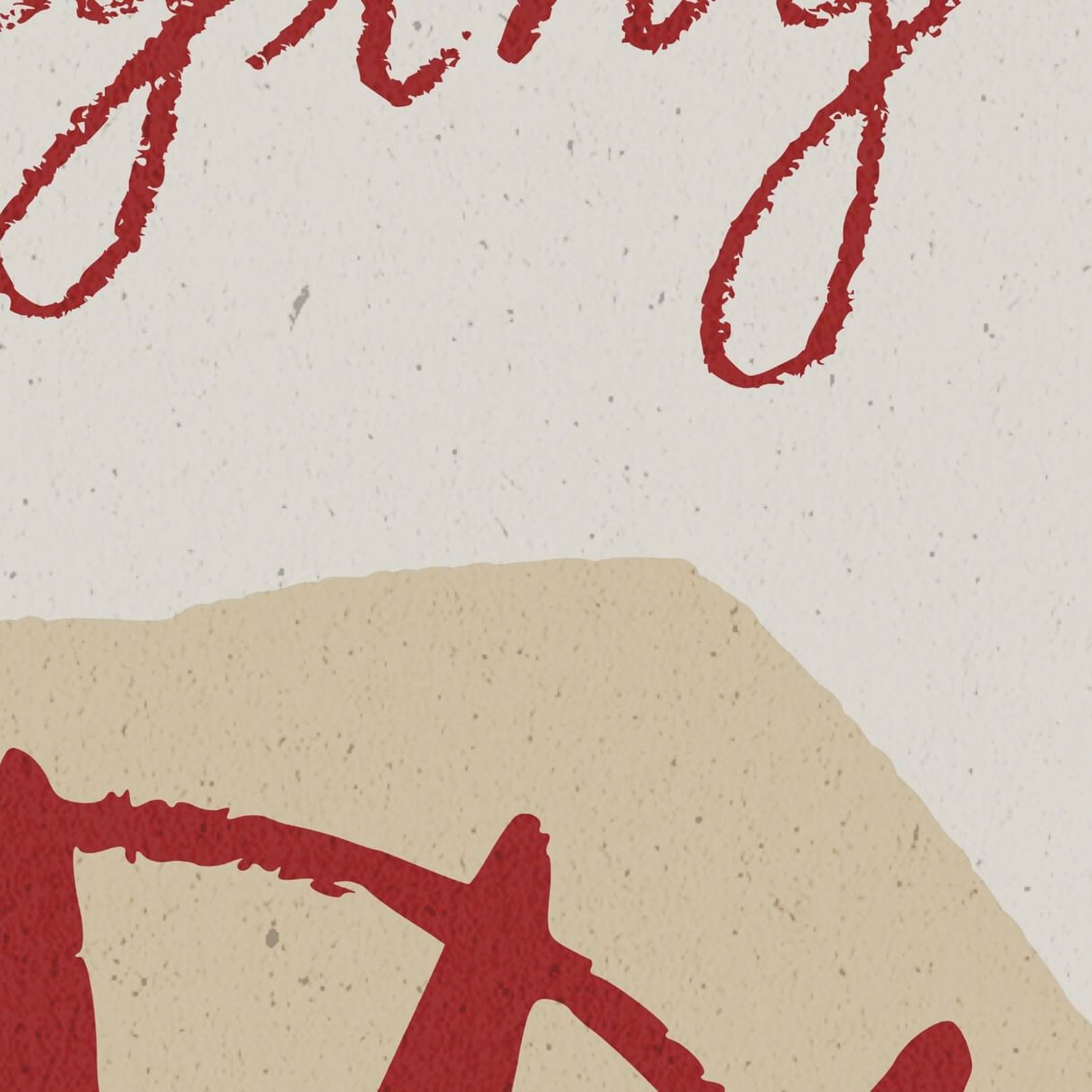 a red and beige abstract design with a large red shape and a smaller beige shape. The red shape appears to be a stylized letter or symbol, while the beige shape is a simple line or shape. The image does not contain any text or specific details about the objects or their arrangement.